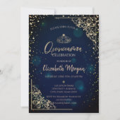 Chic Blue Gold Tiara, Diamonds Quinceañera Kaart (Voorkant)