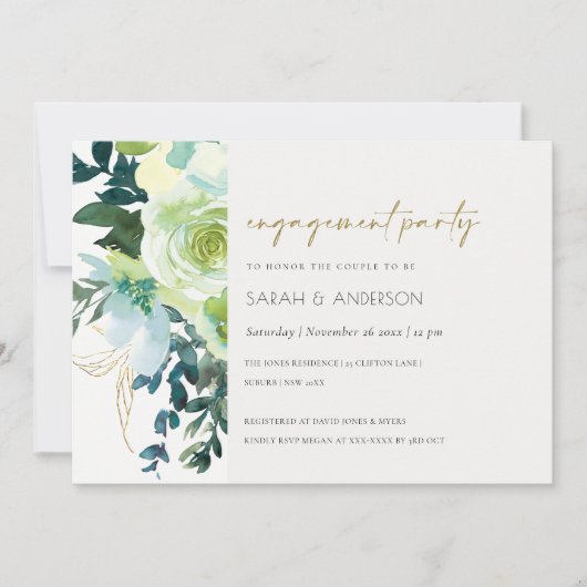 Chic Blue Green Floral Leafy Verloving Invite Bedankkaart (Voorkant)