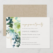 Chic Blue Green Floral Leafy Verloving Invite Bedankkaart (Voorkant / Achterkant)