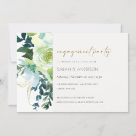 Chic Blue Green Floral Leafy Verloving Invite Bedankkaart