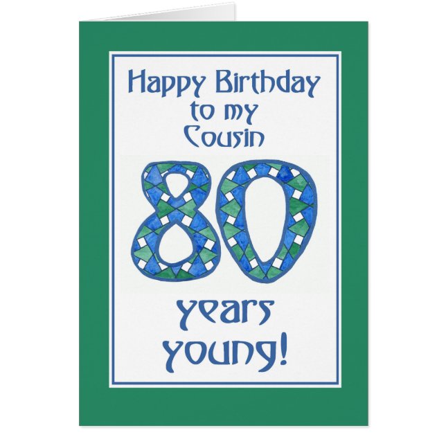 Chic Blue, Green, White 80th Birthday for Cousin (Voorkant)