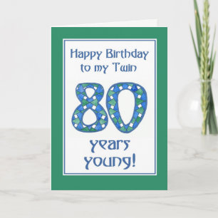 Chic Blue, Green, White 80th Birthday for Twin Kaart