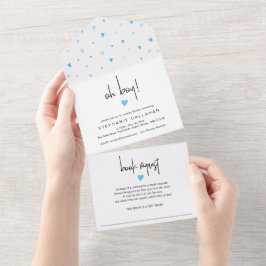 Chic Blue Heart Boy Baby shower and Book Request All In One Uitnodiging