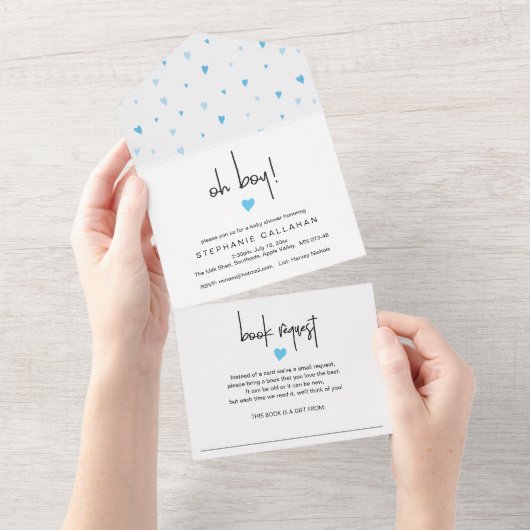 Chic Blue Heart Boy Baby shower and Book Request All In One Uitnodiging (Afscheurbaar)