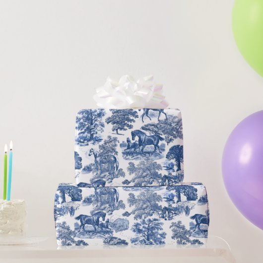 Chic  Blue Horses Toile Pattern Cadeaupapier (Feestgeschenken)
