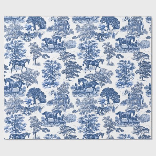 Chic  Blue Horses Toile Pattern Cadeaupapier (Vlak)