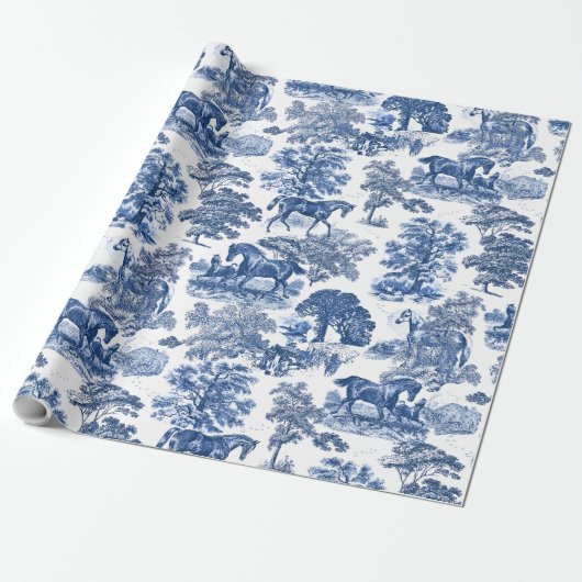Chic  Blue Horses Toile Pattern Cadeaupapier (Uitgerold)