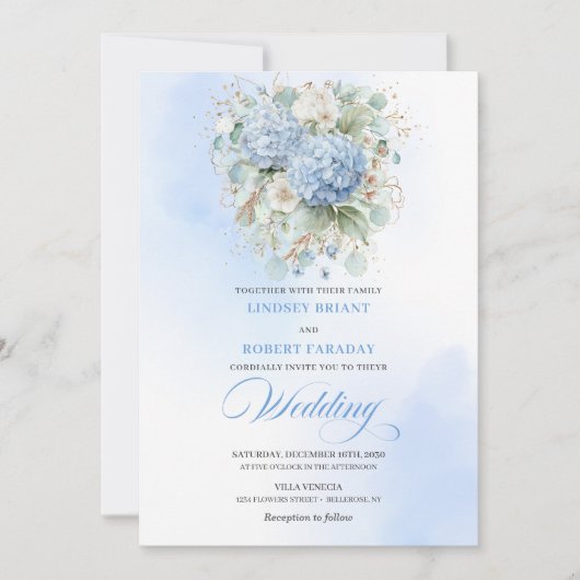 Chic Blue Hydrangea Botanical Wedding Invitation Kaart (Voorkant)