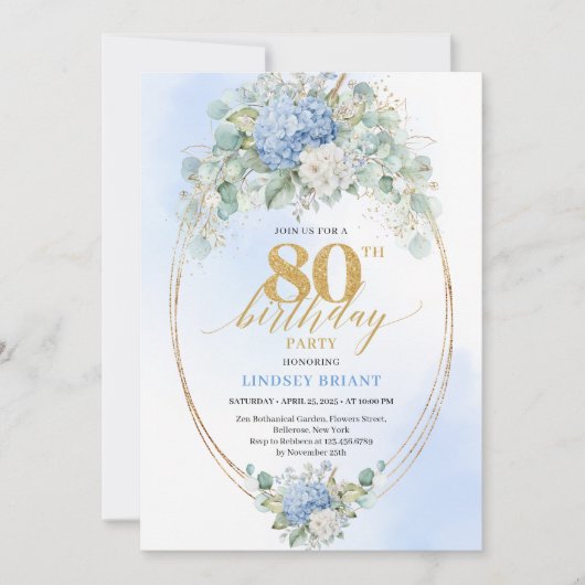 Chic Blue Hydrangea Eucalyptus 80th Birthday Invit Kaart (Voorkant)