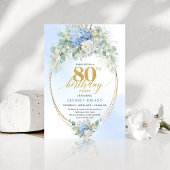 Chic Blue Hydrangea Eucalyptus 80th Birthday Invit Kaart