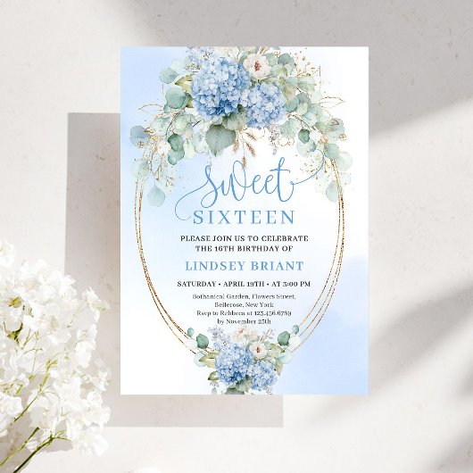 Chic Blue Hydrangea Eucalyptus Gold 16th Birthday Kaart