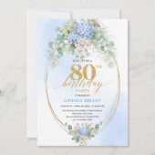 Chic Blue Hydrangea Eucalyptus Gold 80th Birthday Kaart (Voorkant)