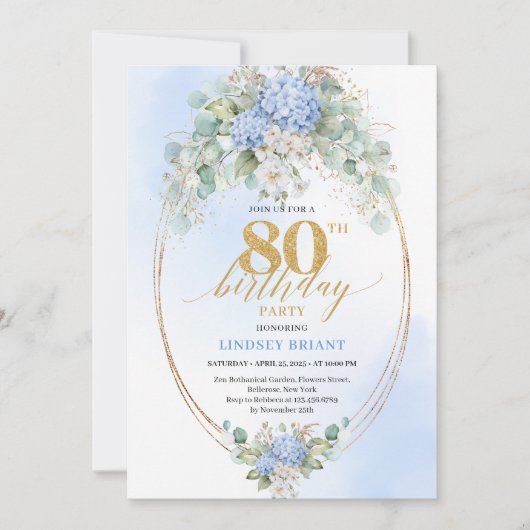 Chic Blue Hydrangea Eucalyptus Gold 80th Birthday  Kaart (Voorkant)