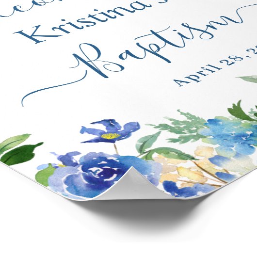 Chic Blue Hydrangea Floral Baptism Welkomstteken Poster (Hoek)