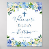 Chic Blue Hydrangea Floral Baptism Welkomstteken Poster (Voorkant)