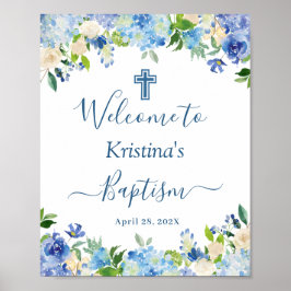 Chic Blue Hydrangea Floral Baptism Welkomstteken Poster