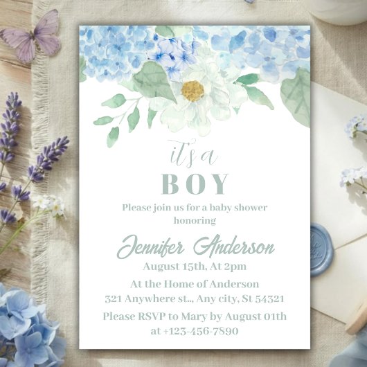 Chic Blue Hydrangea Het is een Boy Baby shower Kaart