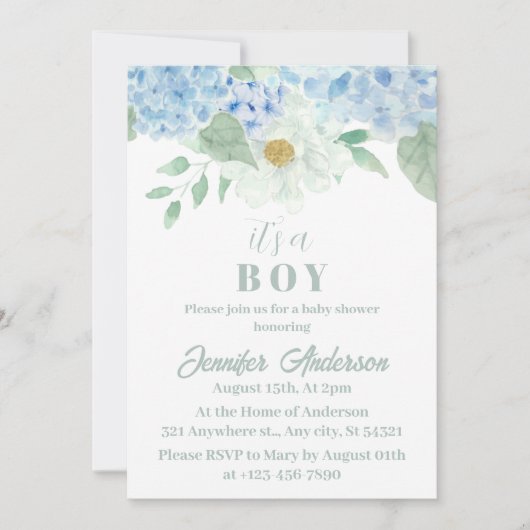 Chic Blue Hydrangea Het is een Boy Baby shower Kaart (Voorkant)