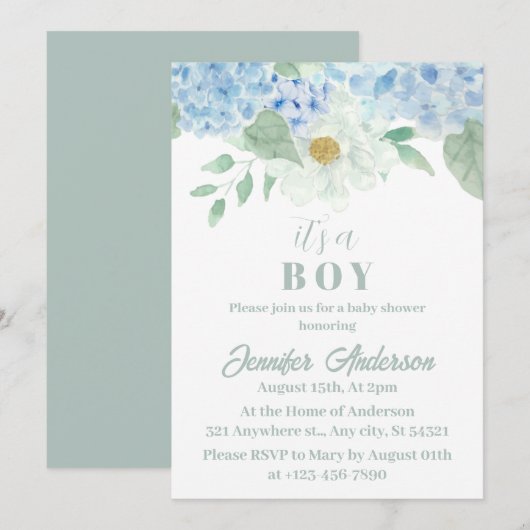 Chic Blue Hydrangea Het is een Boy Baby shower Kaart (Voorkant / Achterkant)
