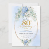 Chic Blue Hydrangeas Gold Floral 80th Birthday Kaart (Voorkant)