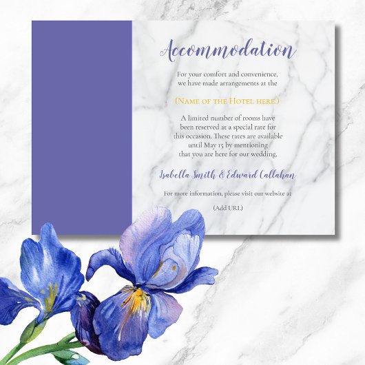 Chic Blue Iris Floral Wedding Accommodal Encl Informatiekaartje