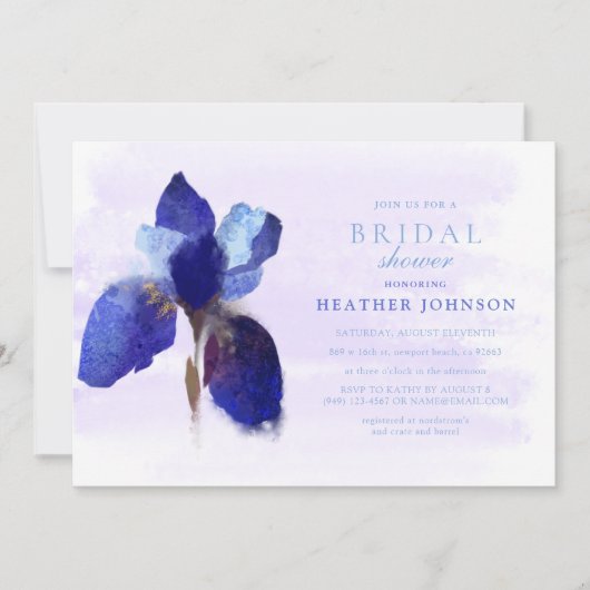 Chic Blue Iris Flower Botanical Waterverf Wedding Kaart (Voorkant)