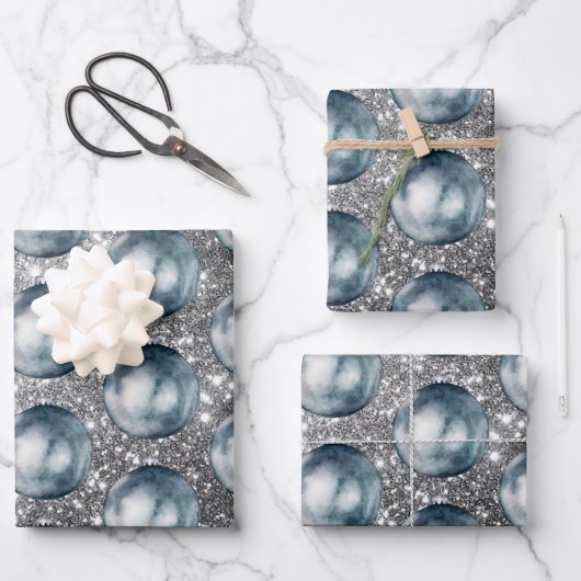 Chic Blue Kerstballen Zilveren Sprakles Wrapping Inpakpapier Vel (Voorkant)