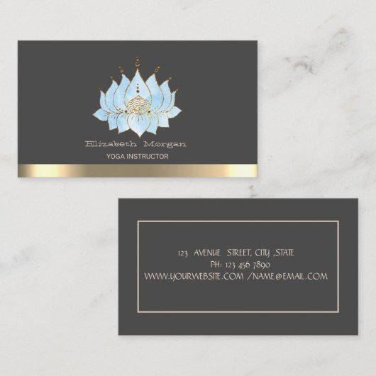 Chic Blue Lotus Gold Stripe Yoga Instructeur Visitekaartje (Voorkant / Achterkant)