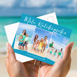 Chic Blue Mele Kalikimaka 3 Familie Foto Kerstmis Feestdagenkaart<br><div class="desc">Chic blue aanpasbare strand familie foto collage kerst briefkaart met uw favoriete tropische foto's in de zon. Voeg 3 van je favoriete verticale foto herinneringen toe van je eilandvakantie naar de kust. Prachtige horizontale kustvakantie briefkaarten met een strakke,  moderne foto-indeling en  wit script.</div>