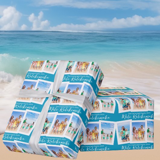 Chic Blue Mele Kalikimaka Beach Foto Kerstmis Cadeaupapier