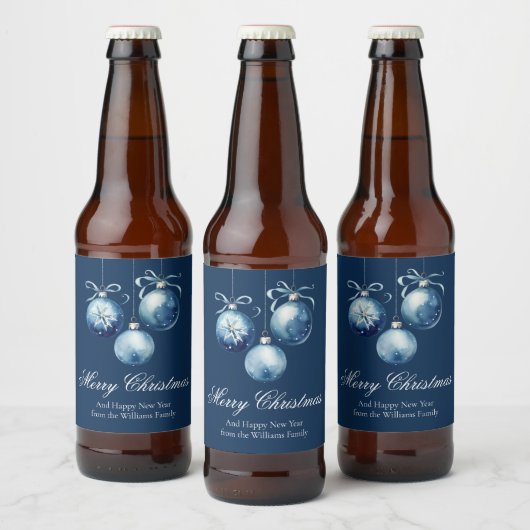 Chic Blue Merry Christmas Ornamenten Gepersonalise Bier Etiket (Flessen)