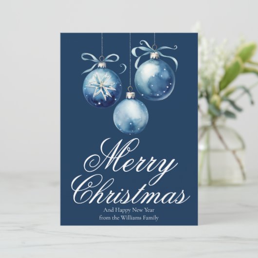 Chic Blue Merry Christmas Ornamenten Gepersonalise Feestdagenkaart (Staand voorkant)
