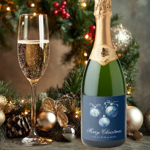 Chic Blue Merry Christmas Ornamenten Gepersonalise Sparkling Wijnetiket