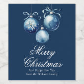 Chic Blue Merry Christmas Ornamenten Gepersonalise Wijn Etiket (Enkel label)