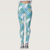 Chic Blue Morning Glory Faux Patchwork Patroon Leggings (Voorkant)