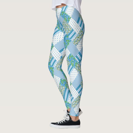 Chic Blue Morning Glory Faux Patchwork Patroon Leggings (Links)