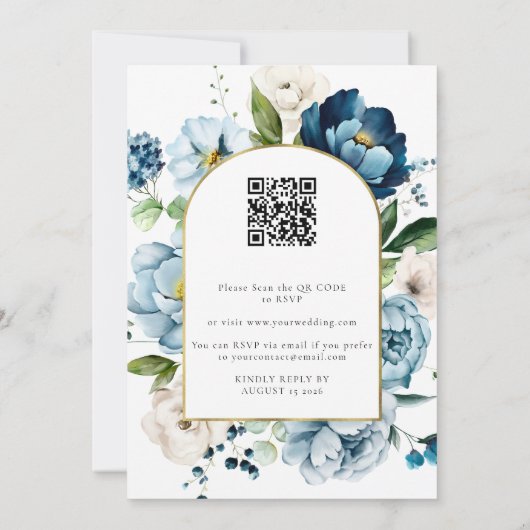Chic Blue Navy Alles in 1 Budget QR Code Huwelijk Kaart (Achterkant)