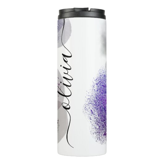 Chic Blue Paars Floral Signature Monogrammed Thermosbeker (Achterkant)