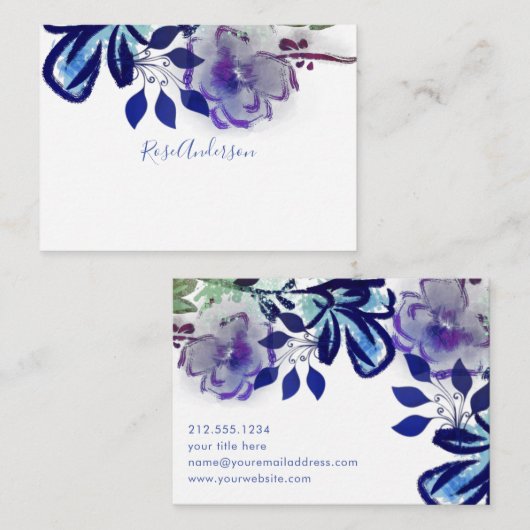 Chic Blue Paars Floral Typografie Notitiekaartje (Voorkant / Achterkant)