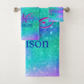 Chic blue paarse ombre glitter druppelt monogram bad handdoek (Insitu)