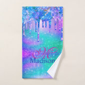 Chic blue paarse ombre glitter druppelt monogram bad handdoek (Handdoek)