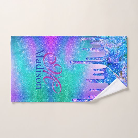 Chic blue paarse ombre glitter druppelt monogram bad handdoek (Handdoek)