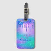 Chic blue paarse ombre glitter druppelt monogram bagagelabel (Voorkant (verticaal))