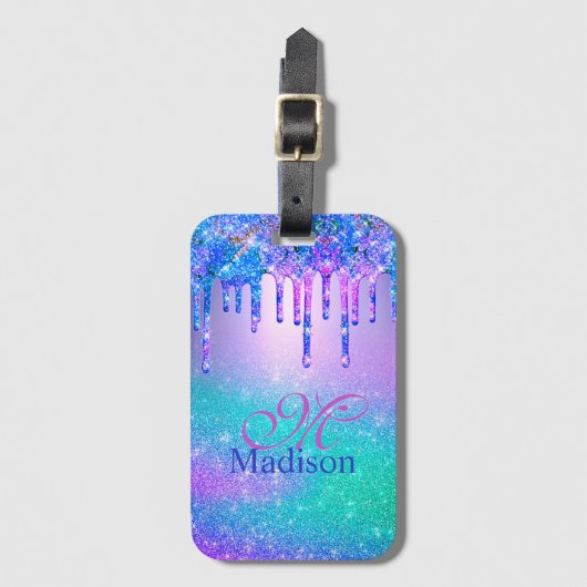 Chic blue paarse ombre glitter druppelt monogram bagagelabel (Voorkant (verticaal))