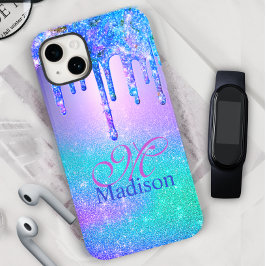 Chic blue paarse ombre glitter druppelt monogram Case-Mate iPhone 14 hoesje