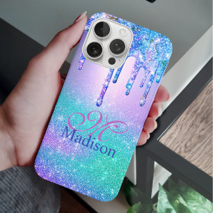 Chic blue paarse ombre glitter druppelt monogram iPhone 16 pro hoesje