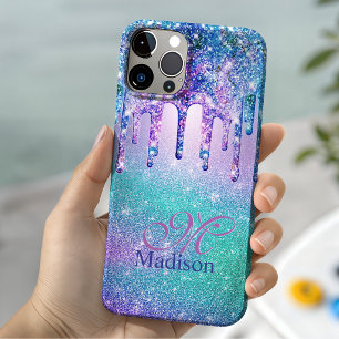 Chic blue paarse ombre glitter druppelt monogram iPhone 16 pro hoesje