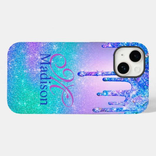 Chic blue paarse ombre glitter druppelt monogram Case-Mate iPhone case (Achterkant (horizontaal))