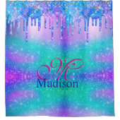 Chic blue paarse ombre glitter druppelt monogram douchegordijn (Voorkant)