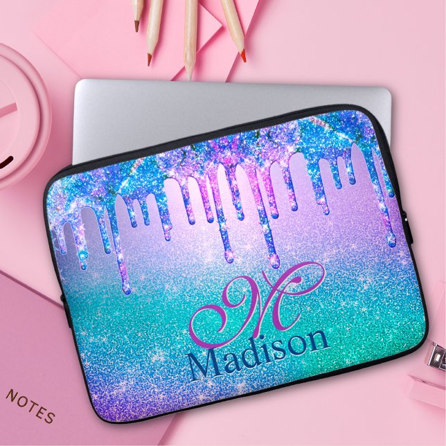 Chic blue paarse ombre glitter druppelt monogram laptop sleeve (Creator heeft geüpload)